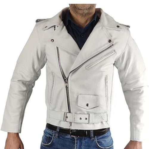 WinNet Giacca modello Chiodo di pelle Bianco in stile Moto Custom Vintage con Protezioni Removibili omologate C.E. (XL)