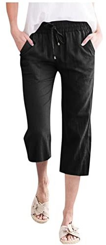 3/4 Leinenhose Kurz Damen Leicht Caprihose Straight Leg Freizeithose Casual Baumwolle Sommerhose Leinen Strandhose Einfarbig Frauen High Waist Sommer Stoffhose Kurze Jogginghose (Black-5, S)