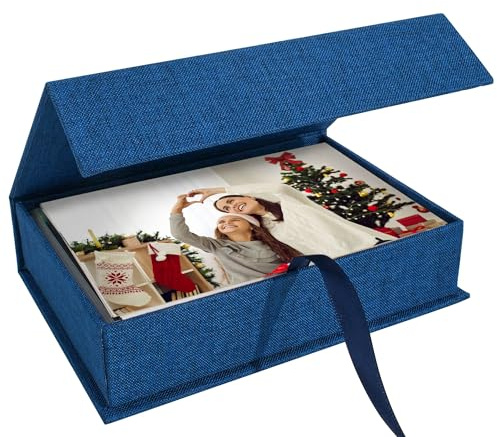 Hiwhy Foto Aufbewahrungsbox,10x15 cm,Leinen,Dunkelblau | Elegante Fotobox Mit Deckel – Für Fotos,Bilder,Scrapbooking-Zubehör,Andenken,Schmuck,Familienerinnerungen