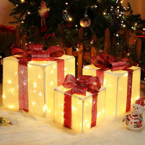 Quntis 3 Set LED Geschenkbox Weihnachten, Weihnachtsdeko Innen Strombetrieben, 117 warmweiße LEDs, 30CM Großer beleuchtete Boxen, Lichterdeko Geschenkpakete für Weihnachtsbaum Fensterbank Garten