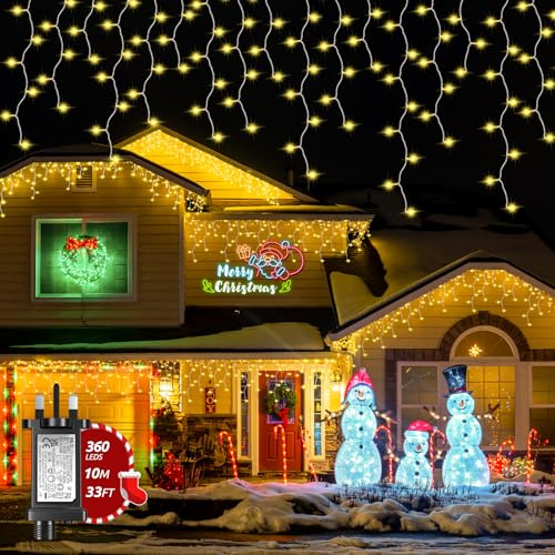 TobeBright Icicle Outdoor Christmas Lights 10m/33ft 360 LEDs Warm White Icicle Lights, Mains Powered Plug in Curtain Faily Lights with Remote/8Modes/IP44/Timer/Connectable for Xmas Roof Eaves Gazebo