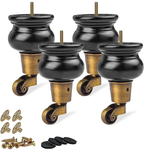 TCHOSUZ Patas de madera para muebles de 12 cm con ruedas, paquete de 4 patas redondas de madera maciza negra clásica para proyectos de bricolaje, sofá, armario, otomano, elevador de cama