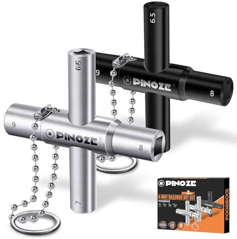 Pinoze Sillcock 4-Wege-Wasserschlüssel, 6.5/7/8/9 mm, 2er-Pack, Stahl-Multifunktionsschlüssel mit Schlüsselanhänger für Sillcocks, Armaturen, Ventile, Zapfen, Silber und