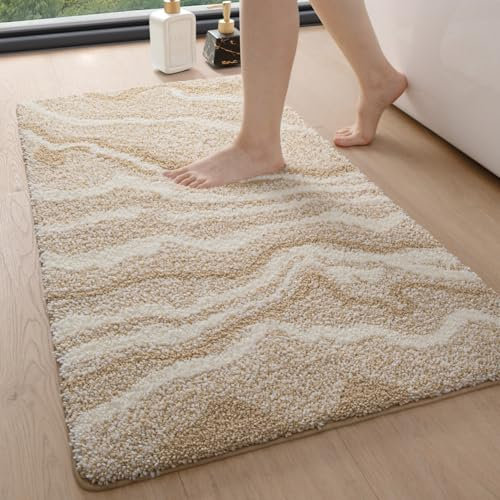 DEXI Bath Mat 61 x 110 cm, Washable Bathroom Mats with Non Slip Backing, Quick Dry Absorbent Large Floor Rugs, Beige