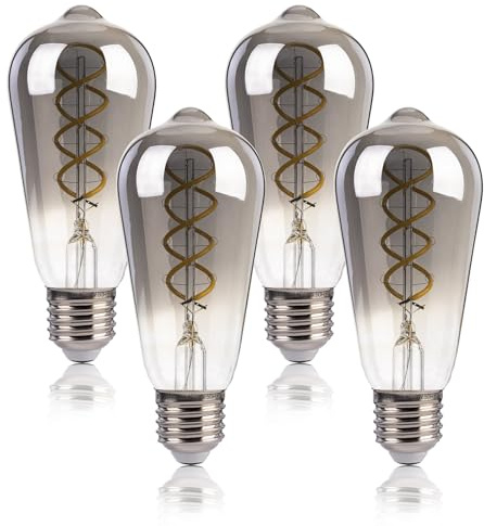 FLSNT E27-Glühbirne, entspricht 40 W, 4 W, ST58, LED-Vintage-Glühbirne, 260 lm, Edison-Schraube, 5000 K Tageslicht-Glühbirnen, rauchgraues Glas, nicht dimmbar, 4 Stück
