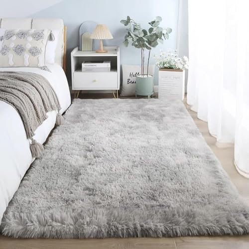 AIMECO Hochflor Teppich Wohnzimmer Carpet 80X150cm Anti-Rutsch Extra Große Teppiche Schlafzimmer flauschig Teppiche Matte Teppichen Mädchen Schlafzimmer und Kinderzimmer.Tie-dye Hellgrau
