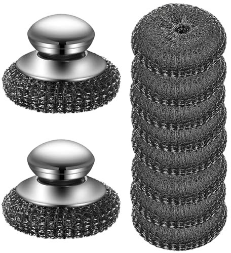 Saijer Lot de 2 éponges récurantes en aluminium avec manche 8 pièces en laine de fil métal grande brosse de nettoyage pour joints et assiettes éponges en acier inoxydable