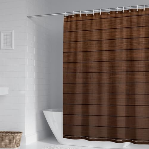 AMDXD Braun Duschvorhang Eckdusche 240x200cm, Polyester Badewanne Vorhang Holzbrett, Badvorhänge mit Duschvorhangringen