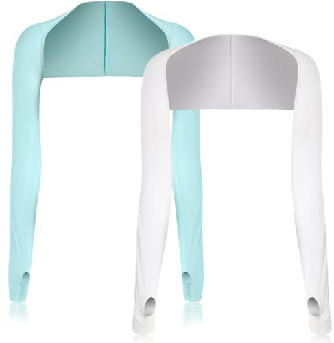 2 Piezas Bolero Mujer, Mangas para Brazos, Protección UV Mangas, Bufanda de Protección Solar Seda de Hielo Bufanda de Enfriamiento, Mangas de Chal de Refrigeración para Brazo (Azul+Blanco)