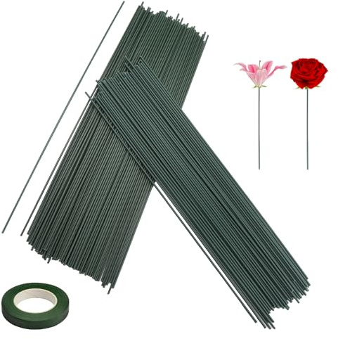 APOMOONS 150 Stück Blumendraht Grün Floristik, 2mm Blumenstamm Steckdraht Floristik mit 1 Floristenband, Floristendraht für handwerkliche Kränze Sträuße 30CM Lang
