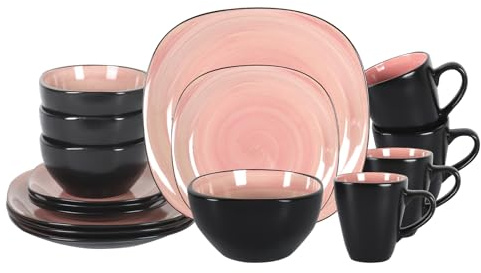 HomeVSS 16-Piece Square Dinnerware Set - Spinwash Swirl Rose & Black Square Plates and Bowls Set, Dish Sets for 4, Microwave & Dishwasher Safe Stoneware