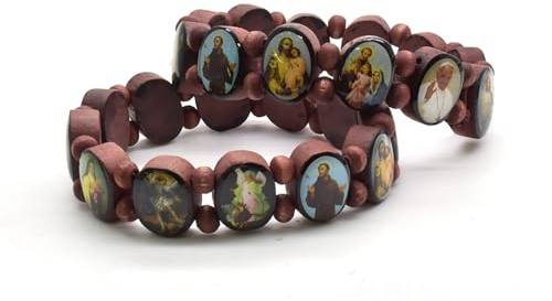 MSINMINW 2 Stück Holz Jesus Armband, ovale Panel-Perlen, Heiligen Rosenkranz Armband mit Bildern von religiösen Heiligen Jesus