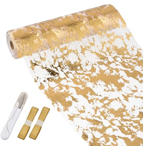 Samlonge 28cmx20m Tischläufer Gold, Glänzend Tischband mit 1 Schere und 2 Farbiger Bänder Tischband Tüllband Polyester Stoff Tischdekoration für Partys Hochzeit Geburtstage Weihnachten (Gold)