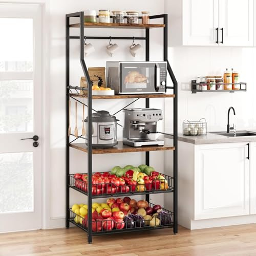 Garvee Mueble microondas Cocina con Gran Capacidad,Estantería 5 Niveles para Microondas de Cocina,con 6 Ganchos para Especias y Organizador de Ollas,60 * 40 * 146 cm(Marrón)