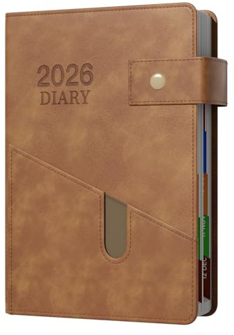 Terminplaner 2026, A5 Seite pro Tag, 2026, Januar bis Dezember 2026, Tagesplaner mit Knopfband, bunte Monatsregister, Fronttasche (21,6 x 14,7 cm), Braun