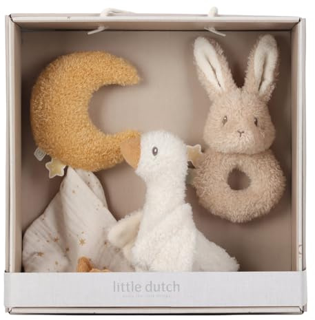 Little Dutch Geschenkset Baby 3-teilig (Schmusetuch, Greifling, Stofftier) ideal zur Geburt beige - Newborn Naturals