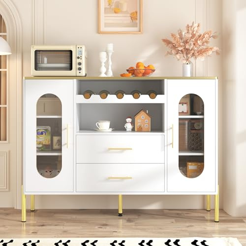 Merax Weißes Sideboard mit Glasfronten & Weinregal – Moderner Esszimmerschrank mit 2 Schubladen, Stauraum & Goldakzenten – Kommode für Wohnzimmer & Flur 120x38x90cm