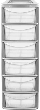 Plastic Storage Tower with 6 Drawers - Silver Frame, Clear Drawers - Small Organiser Unit for Home, Office, Crafts, and Toys