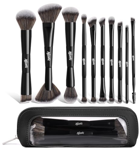 NEONIQ 10 PCS Travel Makeup Brush Set With Bag, Makeup Brushes, Double-End Multi-functional Brushes for Foundation Powder Blush Eyeliner Eyeshadows, Professional Face Brush Set（Black）