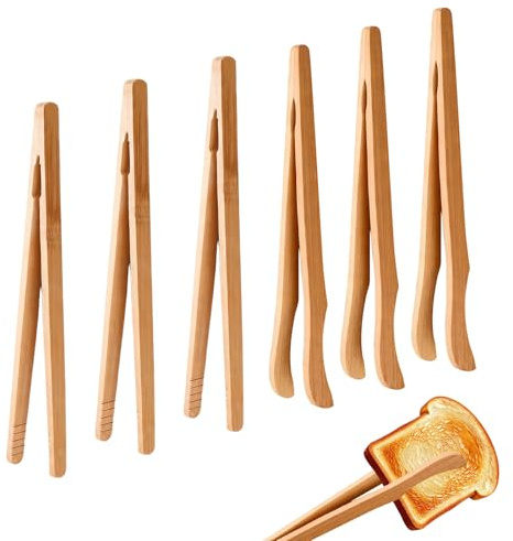 6 PCS Bamboo Toast Tongs,18cm/7 inch Wooden Toaster Tongs with Anti-Slip Design,Wood Cooking Tong for Cooking and Grilling,Cooking Accessory for BBQ Fried Food,Bread