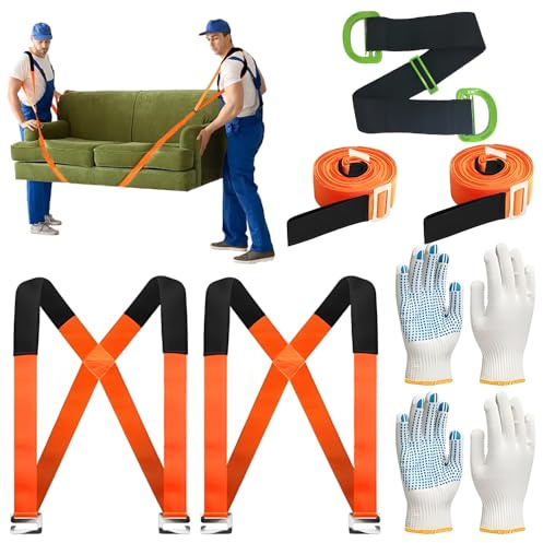 Jonuin 9 Pcs 2-Person Lifting Straps for Movers, Adjustable Lifting Moving Straps with Single Person Lifting Strap, 2 Pairs Gloves, 600 lbs Load Capacity, Moving Strap for Heavy Object Furniture