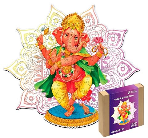 Holzpuzzle Ganesha Mandala, 100 Teile, 28 x 25 cm, für Erwachsene und Kinder, verschiedene Formen, Laserschnitt, präzise Spitze, Zen-Art, Meditation, Geschenk, Boho-Dekoration, Anti-Stress-Mindfulness