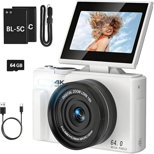 Appareil photo numérique, 4K Ultra HD, connectivité WiFi, zoom numérique 18x, résolution 64 MP, écran rabattable, pour vlogging et voyage