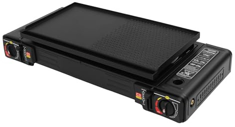 LANNADD Campingkocher 2 Flammig – Tragbarer Gaskocher mit Grillplatte & Tragetasche, Tragbarer 2-Brenner Set, 2500 W pro Brenner, Gaskocher Grill Piezozündung & Überdruckschutz(Ohne Kraftstoff)