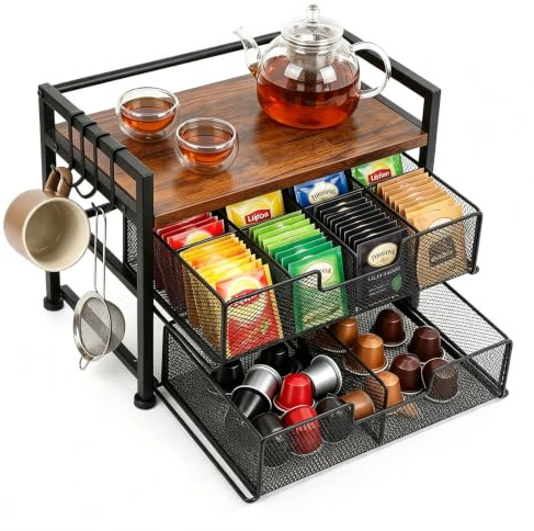 Beslands Teebeutel Aufbewahrung mit 2 Schubladen & 4 abnehmbaren Haken, Tee Organizer mit 8 kleinen + 2 großen Fächern, vielseitige Tee Aufbewahrung für Arbeitsplatte, Kaffeebar & Schreibtisch