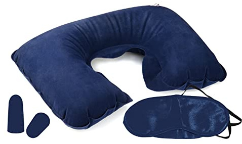 PARENCE. - Reise-Set, aufblasbares Kissen, aufblasbares Nackenkissen aus weichem Samt, waschbarer Bezug mit Ohrstöpsel und Augenmaske (blau)