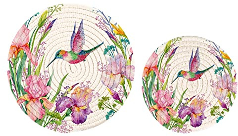 Naanle 2 Pcs Tropical Irises Flowers Hummingbirds Round Cotton Woven Potholders Trivets Set, 7 & 9 inch Diameter Large Coasters Mat for Kitchen Decor Table Countertop Protector
