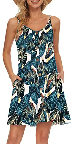 AUSELILY Vestido de Playa Informal con Cuello en V y Correa de Espagueti de Verano para Mujer con Bolsillos