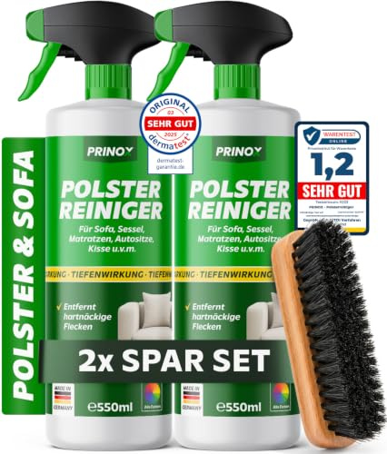 PRINOX 2x Profi Polsterreiniger 550ml für Sofa, Auto, Sessel & Couch inkl. Bürste - Textilreiniger Konzentrat & Autositz Reiniger für alle Polstermöbel - Fleckenentferner Sofa aus Deutschland