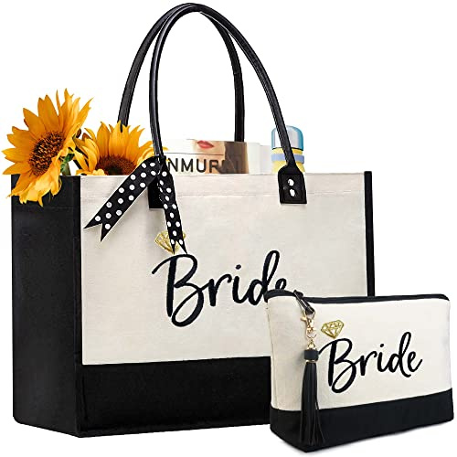 BeeGreen Bride Canvas Tote Bag for Bride Bridesmaid Gifts Bachelorette Engagement Gift w Leather Handle Bridal Shower Gift for Women with Zipper Pocket Embroidery Monogram Wedding