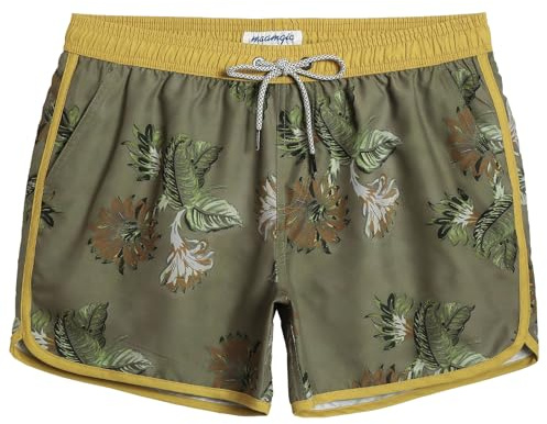 maamgic Costume Uomo Mare Vintage Asciugatura Rapida Costume da Bagno Pantaloncini Corto Swim Trunks con Fodera Rete e 3 Tasche,S,Giallo Verde