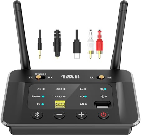 1Mii B03S Transmetteur Récepteur Bluetooth 5.3 avec DAC Audiophile, Émetteur Audio Bluetooth pour TV/Casque/Chaîne Stéréo HiFi, aptX AD/LL/HD, Clé USB Musique, Longue Portée, RCA Optiques AUX