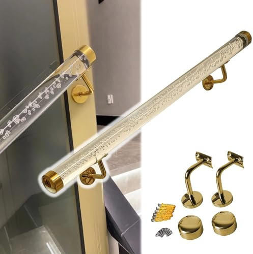 Clear Acrylic Hand Rail with Bubbles 3 4 5 6 10 12 13 14 20 Ft, Round Rod Handrail with Metal Brackets for Indoor Stair/Outdoor Step, Wall Mounted Hand Rails Grab Bar Railing(Gold bracket,4m/13ft)