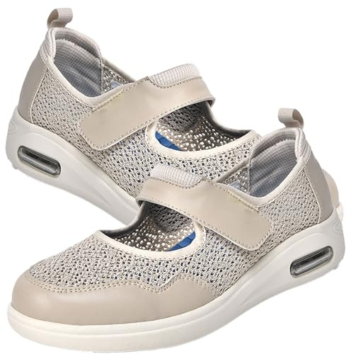 AZMAHT Zapatillas Ortopedicas Mujer Zapatos para Juanetes Ancho Especial Especiales de Zapato Ortopedico Pies Hinchados X-Ancho Ajustable Turgente Pantufla Salud cómodo,Beige,41 EU