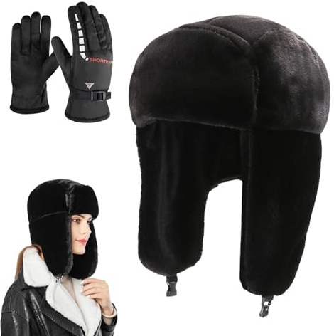 Unisex Winter Fliegermütze mit Ohrenklappen und Winterhandschuhe Herren Damen Winddicht Trappermütze Warme Schneedichte Fliegermütze (56-58cm) für Skaten Outdoor oder den Täglichen Gebrauch