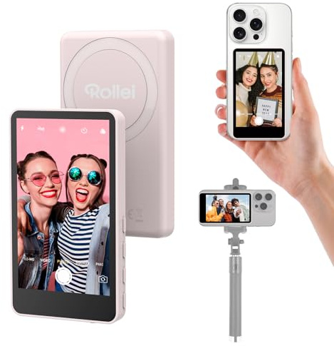 Rollei Easy Creator selfie-monitor mobiltelefon bakre kamera magnetisk vlog-skärm kompatibel med smartphone iPhone och Android för TikTok Live Stream YouTube rosa selfiemonitor mobiltelefon iPhone