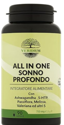 All in One Sonno Profondo Tutto in Uno + Melatonina e Valeriana Forte, Passiflora, Ashwagandha, Melissa, Griffonia, Triptofano, L-Teanina - AZIONE 360 per Insomnia grave o cronica/ansia serale.