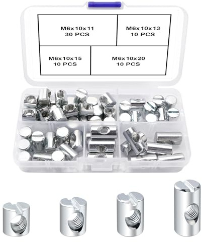 VooGenzek 60 ST M6 x 11/13/15/20 mm Pluggar Spårmuttrar, Symmetrisk Möbelpinnemutter, för Möbler Sängar Spjälsängar, Silver