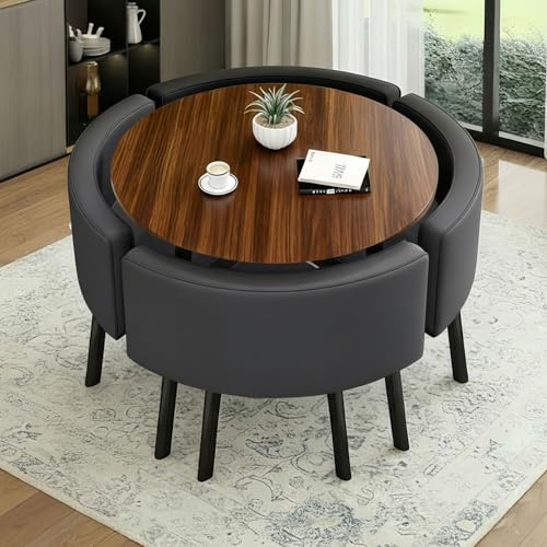 Generisch Esszimmergruppe Esstisch mit 4 Stühlen, Runder Essgruppe Set, Küchentisch-Set mit MDF Tisch und 4 Gepolsterter Sitz mit PU-Lederbezug, für Esszimmer, Küche, Wohnzimmer