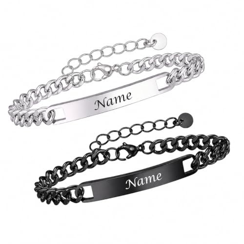 Partner Armbänder mit Gravur Personalisierte-Armband Schwarz Silber Pärchen | Verstellbare Armbänd Personalisierbares Edelstahl Partnerarmband Geburtstag Herren Damen Valentinstag Freundschaftsarmband