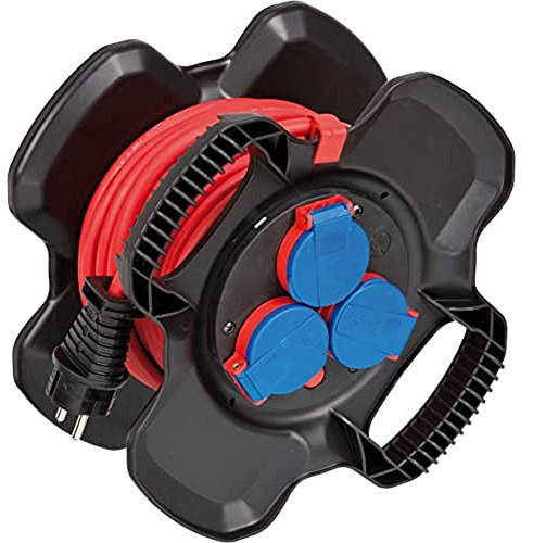 Brennenstuhl enrollacables X-Gum con 3 tomas de corriente, alargador enrollable de cable 10 m (uso en exteriores, irrompible, fabricado en alemania)