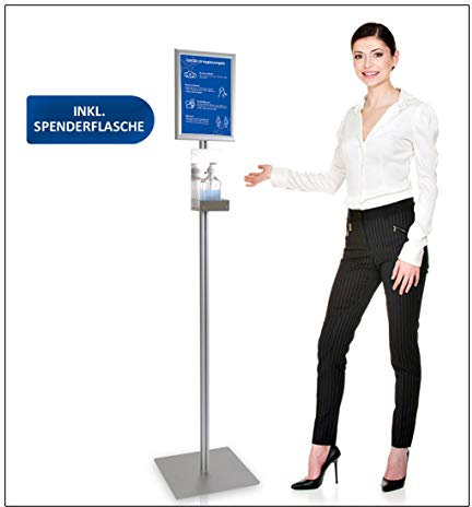 MyMAXXI | Mobile Hand Desinfektionspender mit Flasche inkl. 3 x 1L Desinfektionsmittel Desinfektionsstation Klassik Alu Rahmen DIN A4-Hygieneregeln-Druck | disinfectant holder