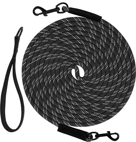 Taglory Longe pour Chien 15m, Long Laisse Corde avec 2 Mousquetons pour Chiens de Petites à Grandes Taille, Noir