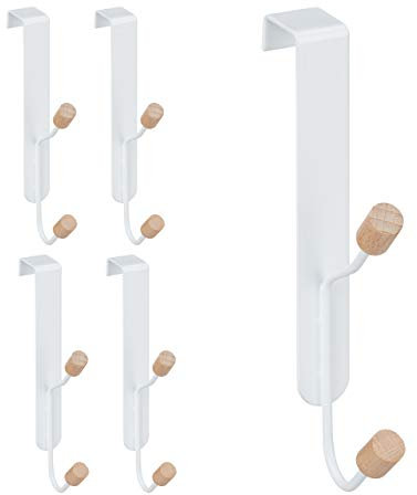 Relaxdays 10 x Türhaken doppelt, skandinavisch, Doppelhaken Tür, Eisen und Holz, Türgarderobe H x B x T: 16 x 2 x 7 cm, weiß/natur