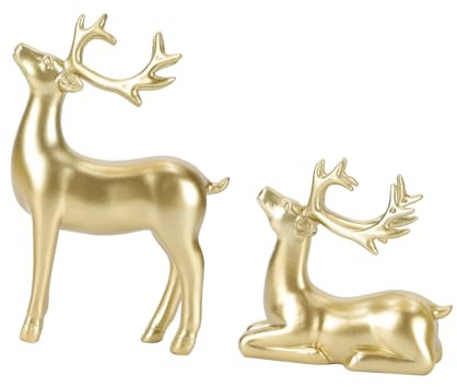 BESTonZON Hirsch Figuren Weihnachten Dekofigur Harz Golden Elch Figuren 2 Stücke Desktop Ornament Glücksbringer Weihnachtsdekoration Tierfiguren Weihnachtsschmuck Geschenkidee, 15.5x11cm