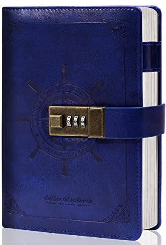 Diary with Lock, B6 Notebook with Combination Lock, Password Notebook Vintage PU Leather Diary, Personal Lockable Diary for Boys and Adults, Blue